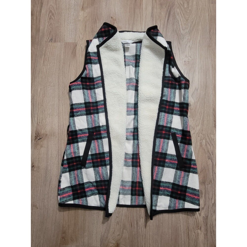 Christopher Banks Plaid Flannel Sherpa Vest Holiday Red Green Medium